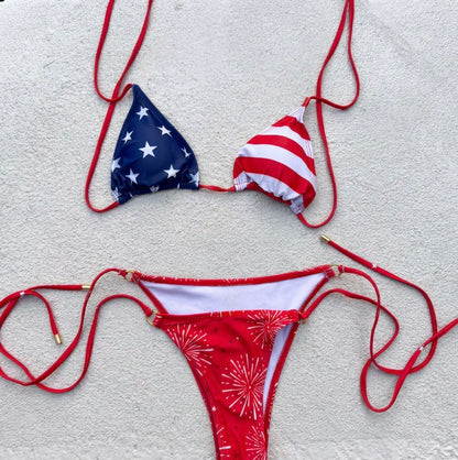 Patriotic Bikini Set – Red White &amp; Blue Triangle Swimsuit for Women